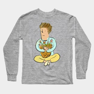 Guy holding a bucket of flowers Long Sleeve T-Shirt